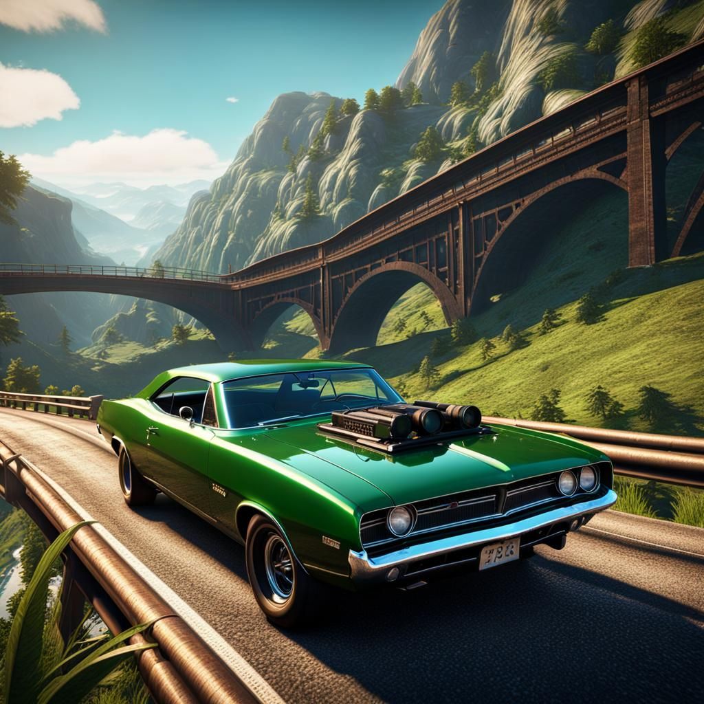 Rusty Muscle Car on Bridge in 3D Render