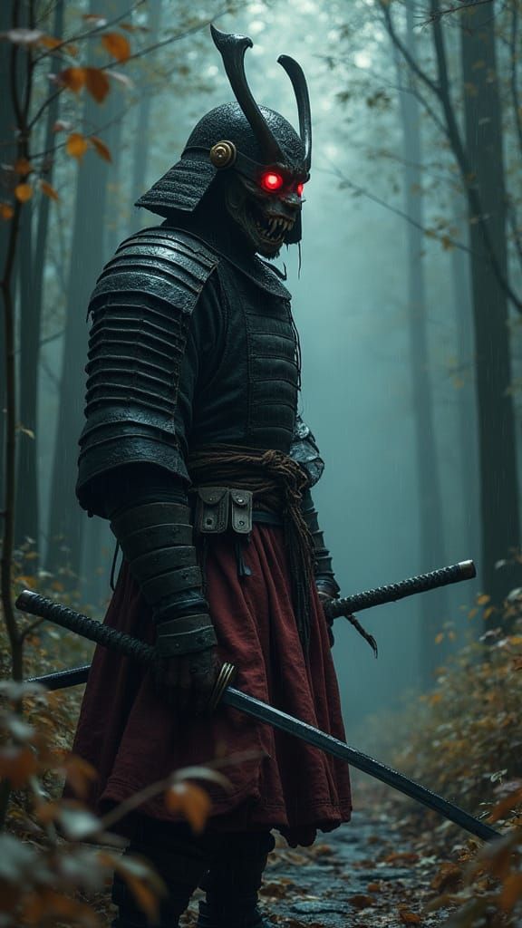 Dark Samurai Warrior in Bamboo Forest at Dusk