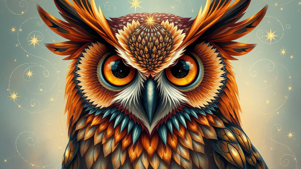 Vibrant, expressive owl with oversized, shimmering eyes and an intricately patterned, iridescent feathers shimmering wit...