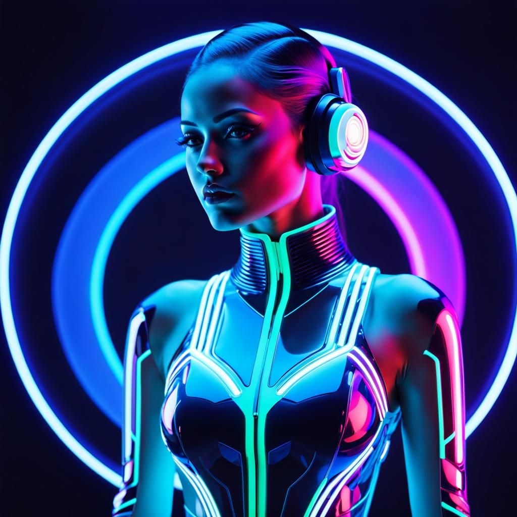 Futuristic Android Woman in Neon Techno Club