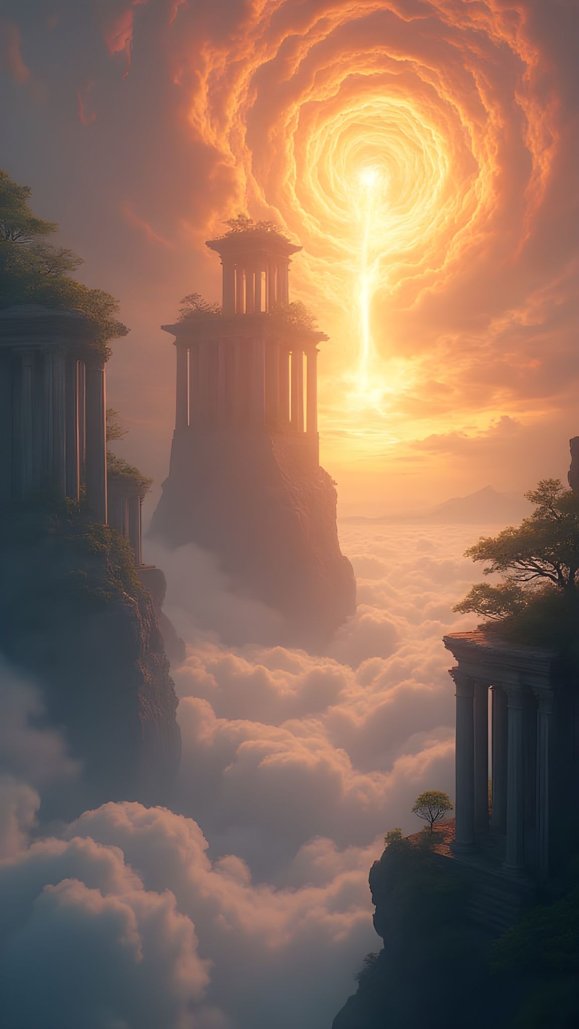Majestic Divine Temple Above Clouds at Golden Hour