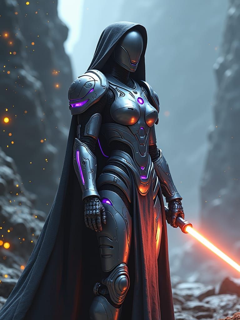 Warrior nun with full combat gear and a cybernetic appearanc...