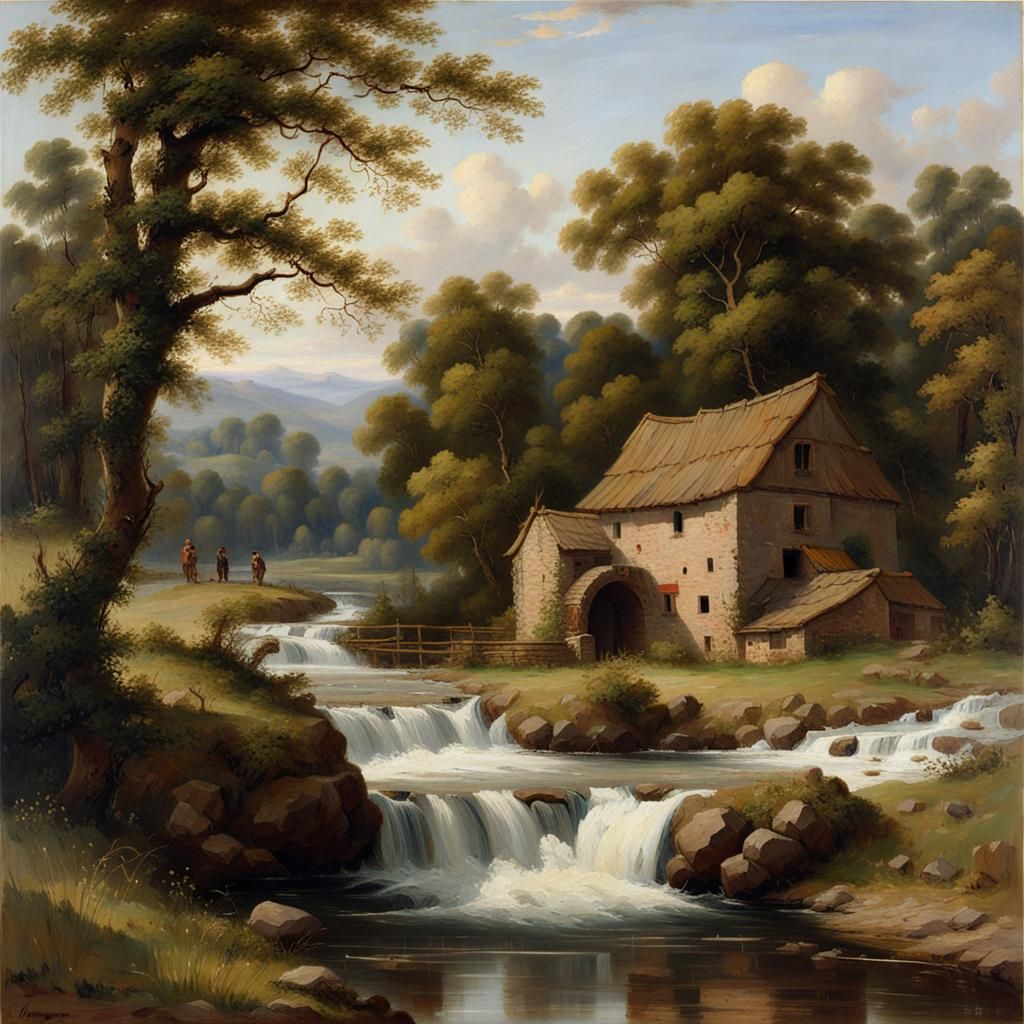 Picturesque Watermill Landscape as Oil Painting