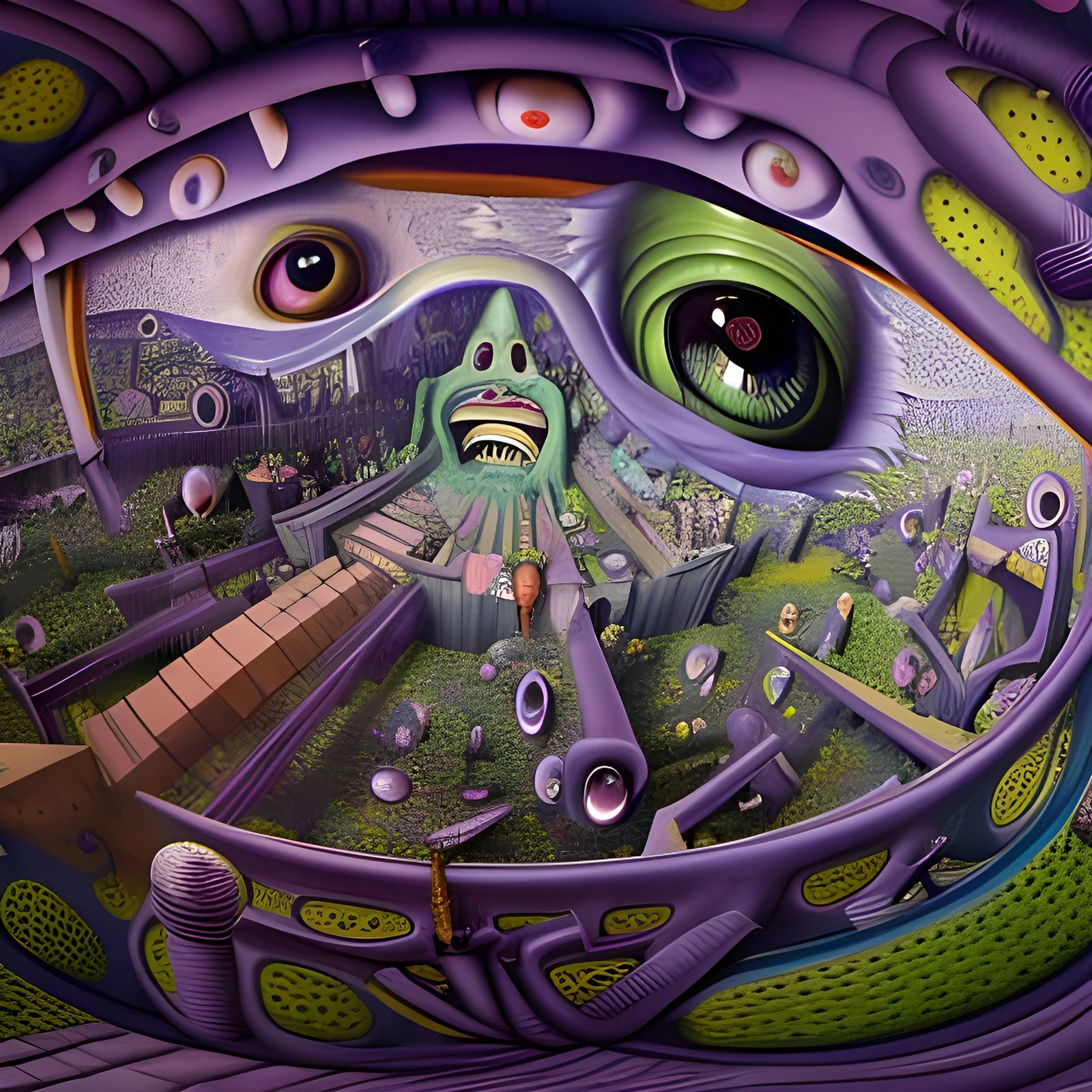 Surreal purple and green fisheye lens nonsensical maze with humanlike features