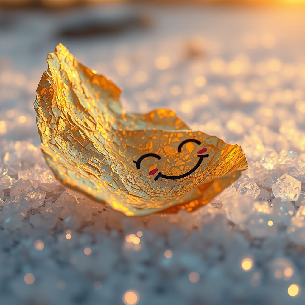 Golden Paper Face Disintegrating into Ice Crystals