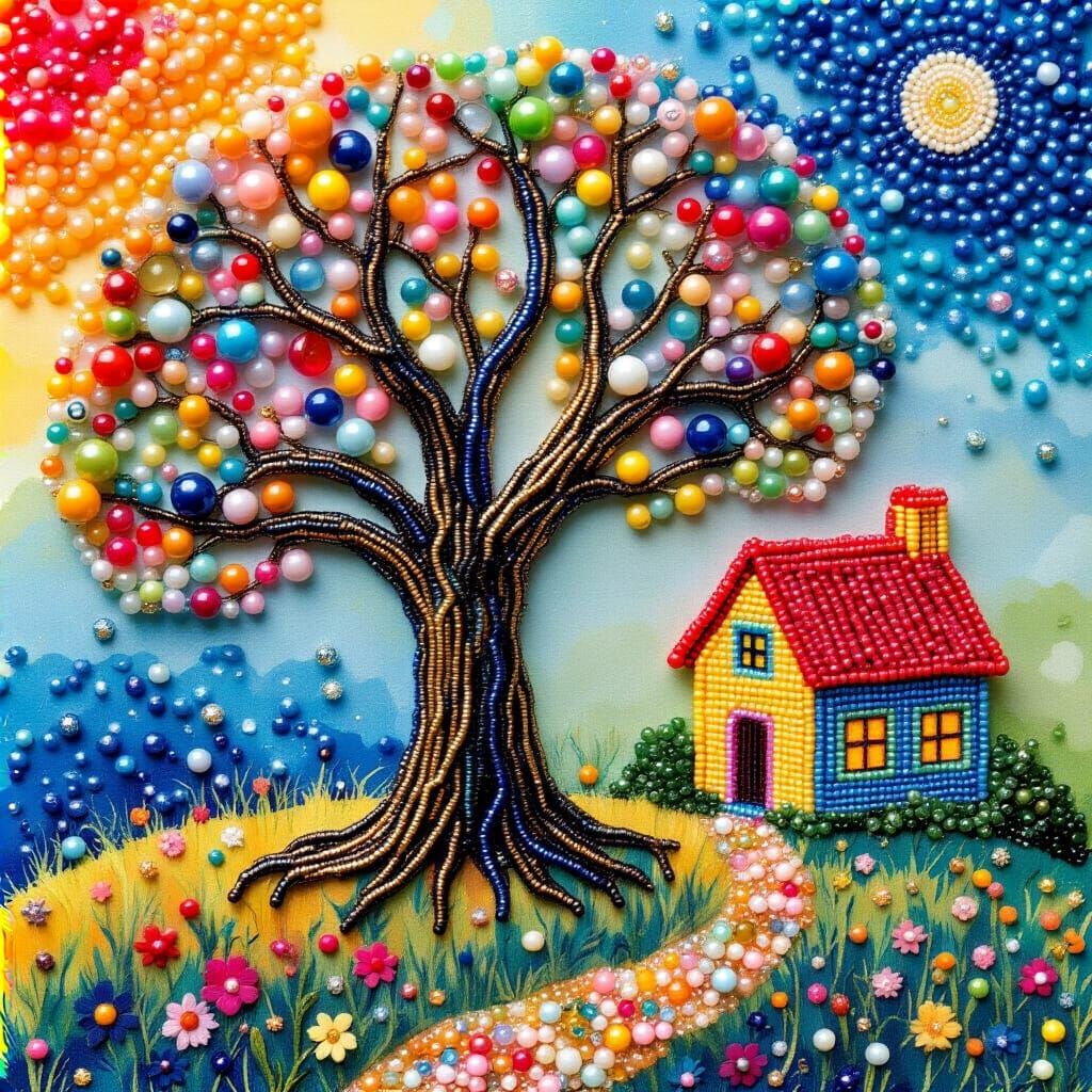 Beaded Tree and House in Surreal Style