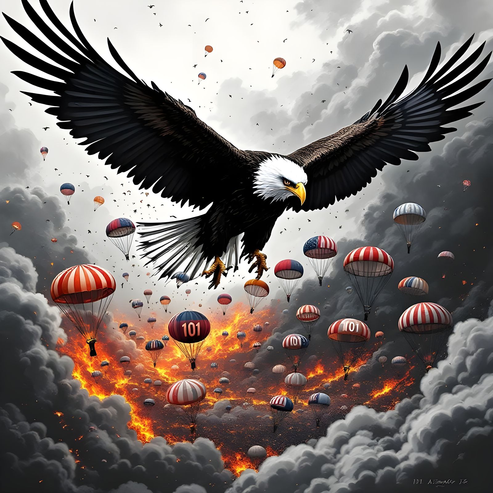 Eagle Soaring Over D-Day Map in Illustrative Style