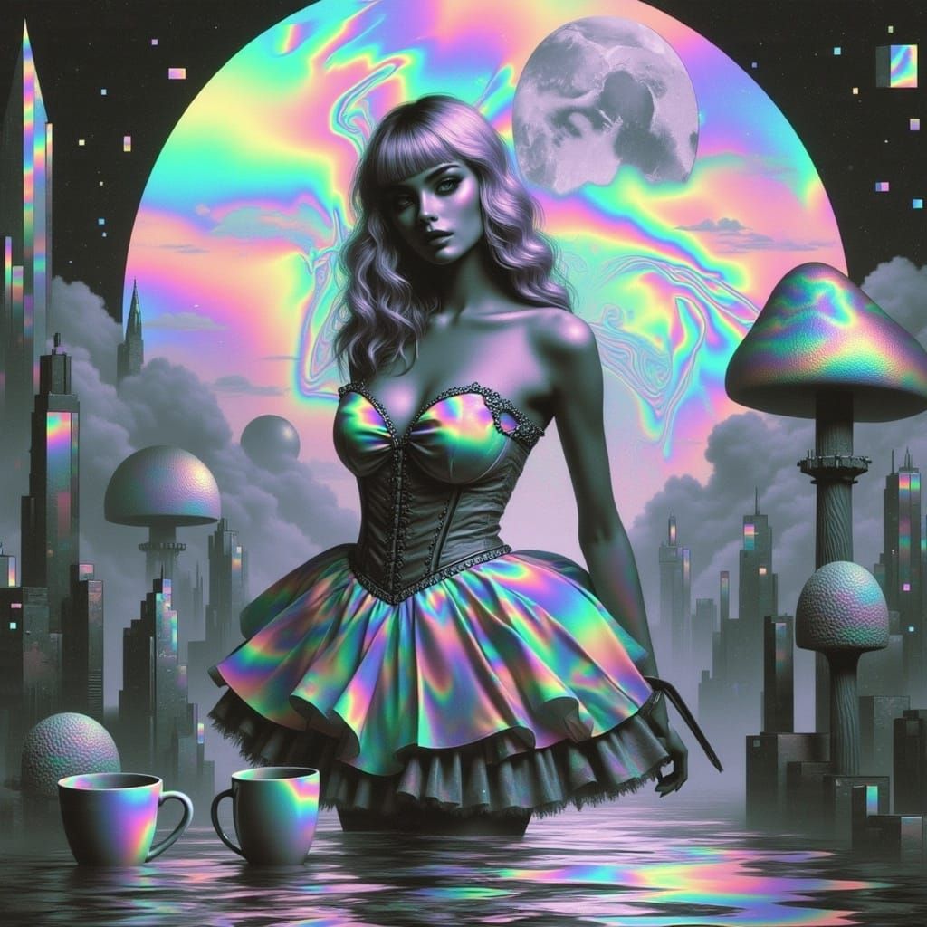 Surreal Glitch Alice Wonderland with Glowing Eyes