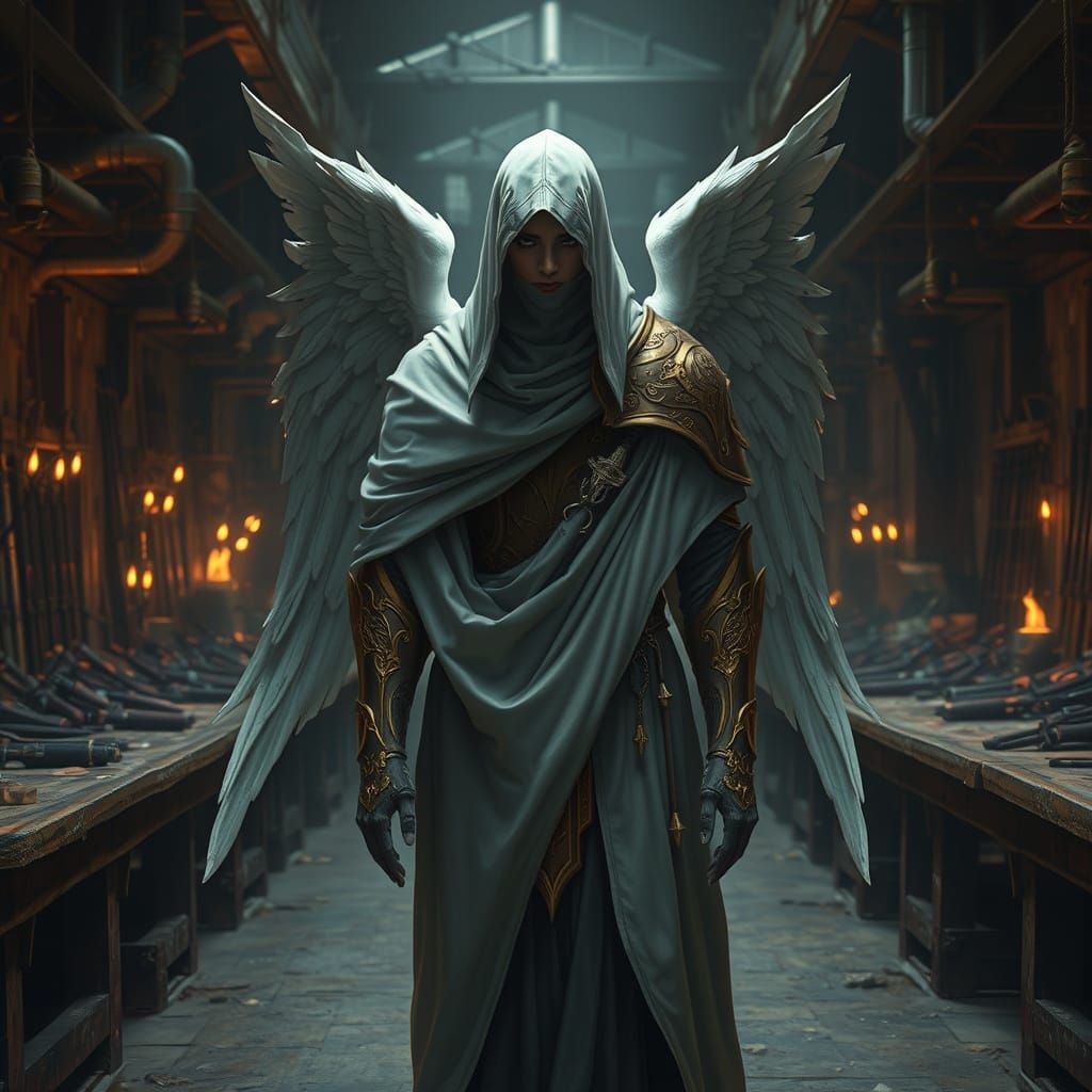 Angel in Golden Armor Works in a Medieval-Inspired Factory