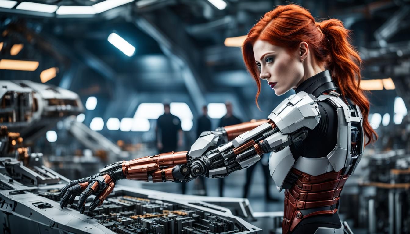 Cyborg Mechanic Repairs Space Fighter Engine