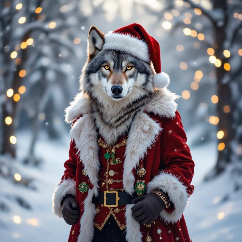 Photorealistic Santa Wolf in Festive Winter Forest