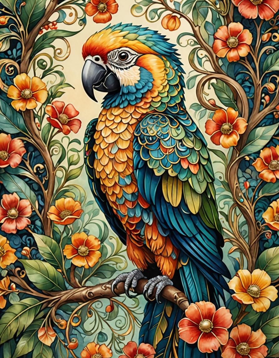 Art Nouveau Parrot on Branch Watercolor Painting