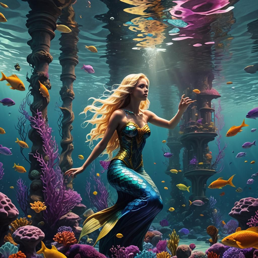 Blonde Mermaid Underwater in Vibrant Colors