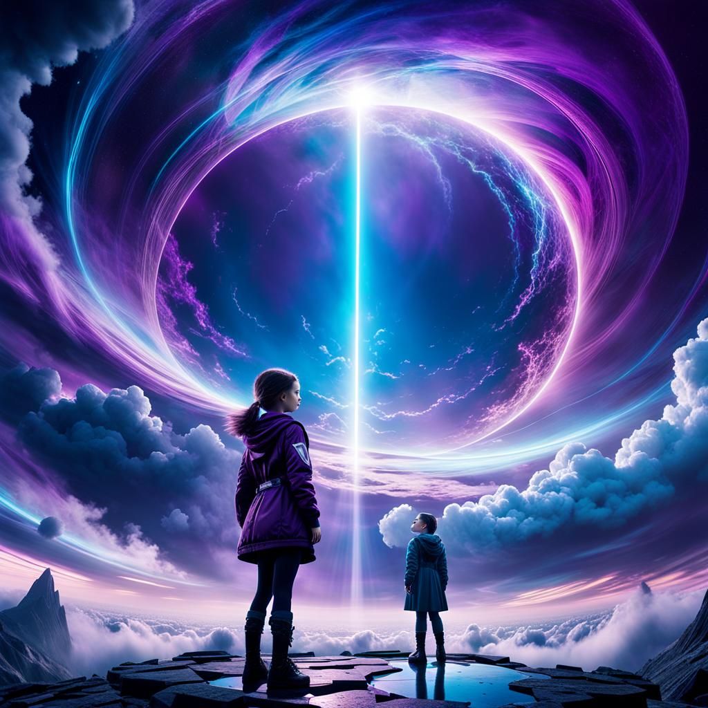 Young Girl Surrounded by Interdimensional Vortex in Vibrant...
