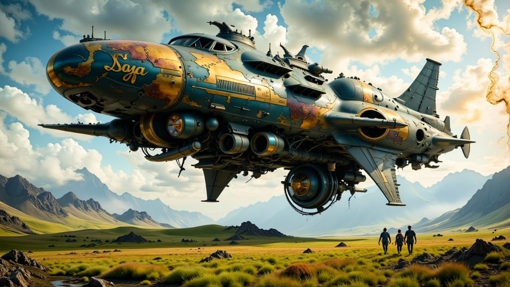 Epic Sci-Fi Spaceship Descends onto a Lush Green Field in Ph...