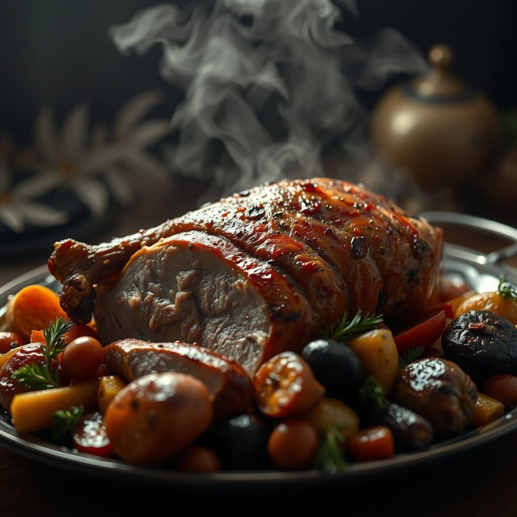 Roast Pork Platter in Moody, Cinematic Style