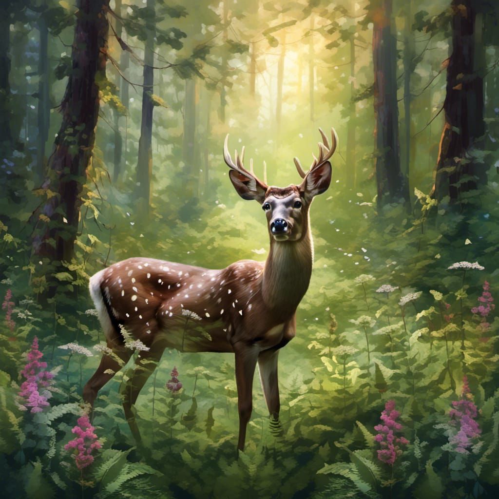 Deer in Sunlit Forest Glade