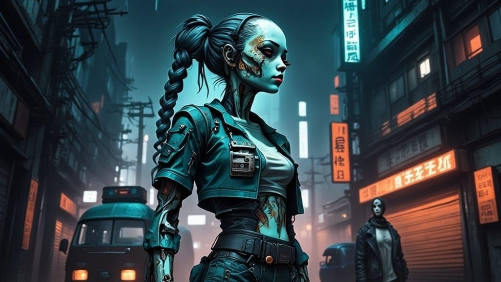 Corroded Biomechanical Cyberpunk Girl in Neo-Tokyo Style