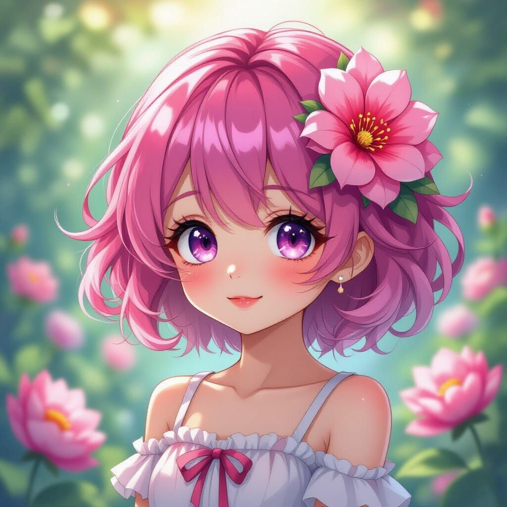 Anime Girl Blooms in Enchanted Garden