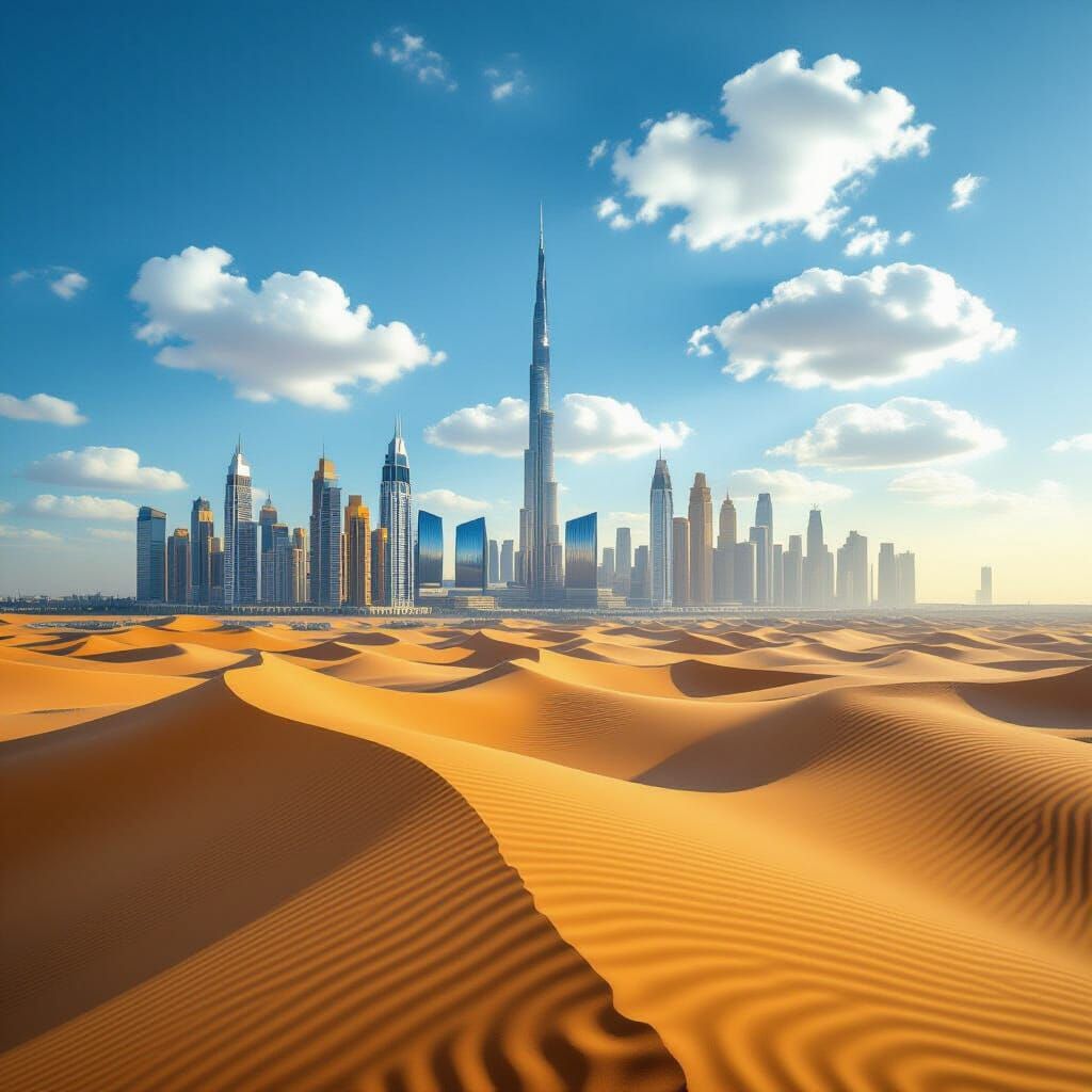 Dubai Towers in Desert Landscape: Photorealistic Style