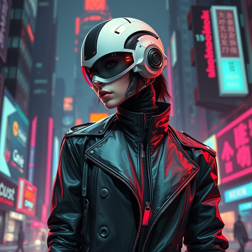 Futuristic Cyborg in Neon Cityscape Art