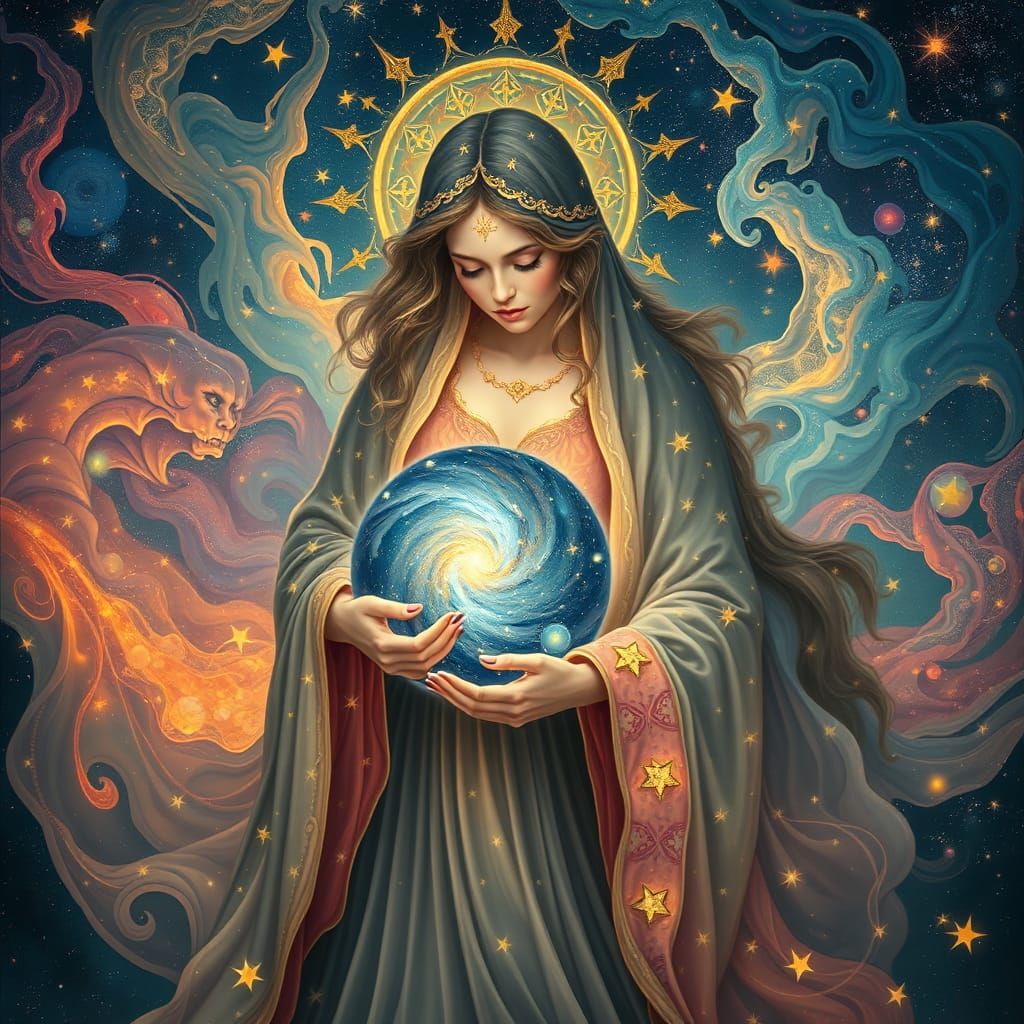 Ethereal Woman Cradles Universe in Art Nouveau Style