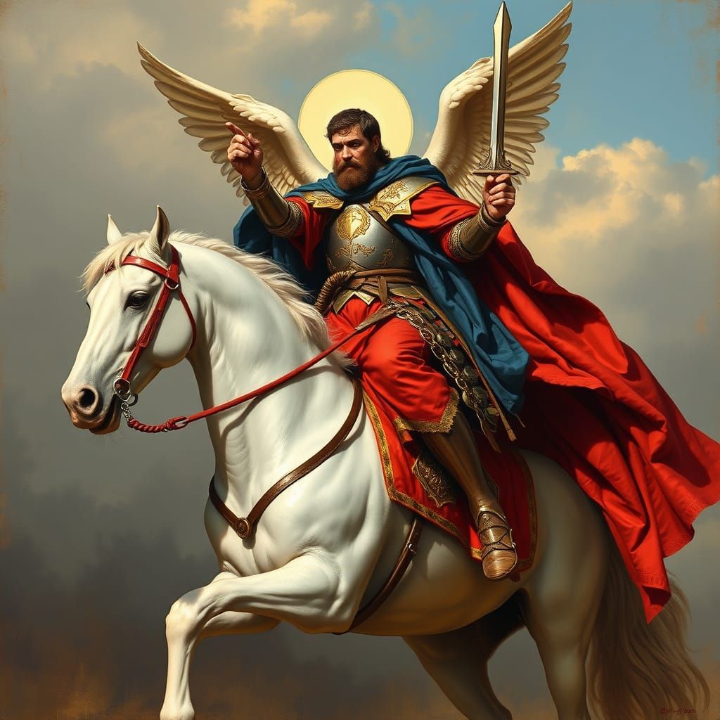 Majestic Archangel San Miguel on Horseback in Hyperrealistic...