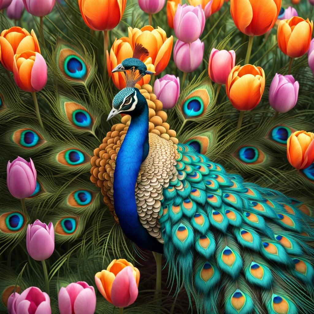 Hyperreal Peacock with Human Head in Fantasy Garden