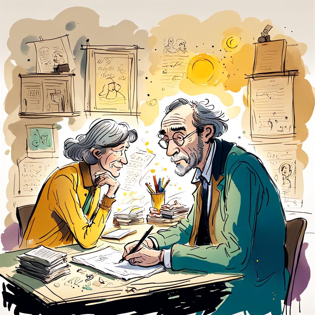 Poet and Wife: Whimsical Hand-Drawn Illustration