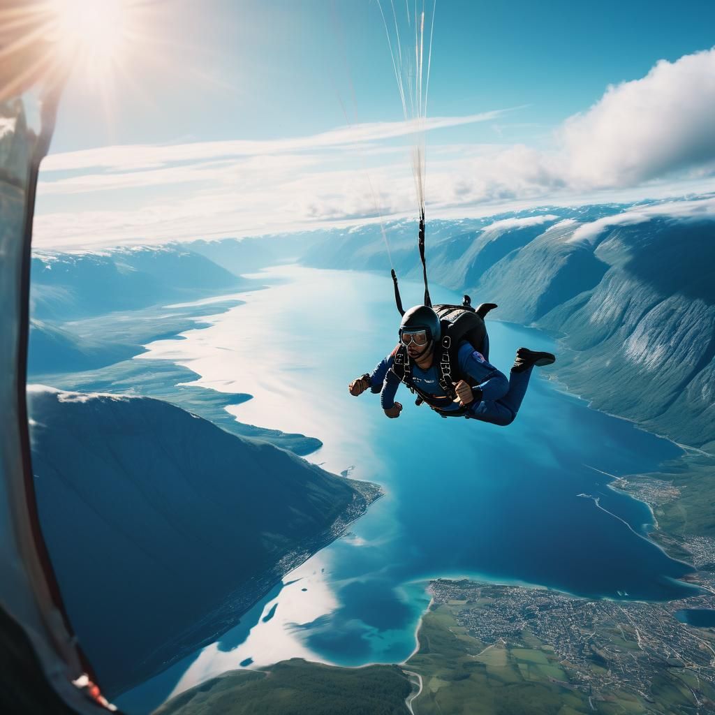 Skydiver Over Norwegian Coastline in Cinematic Style