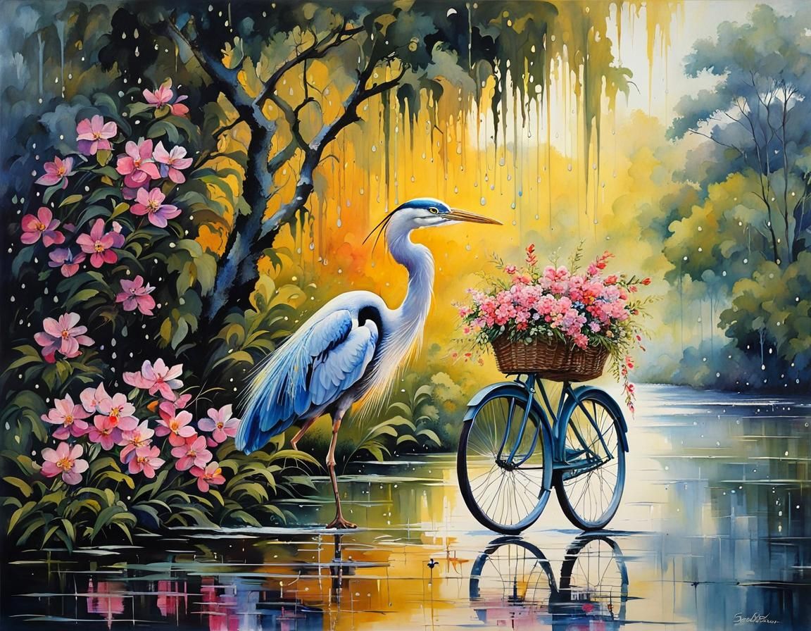 Heron Rides Bike in Polychromatic Oil Painting