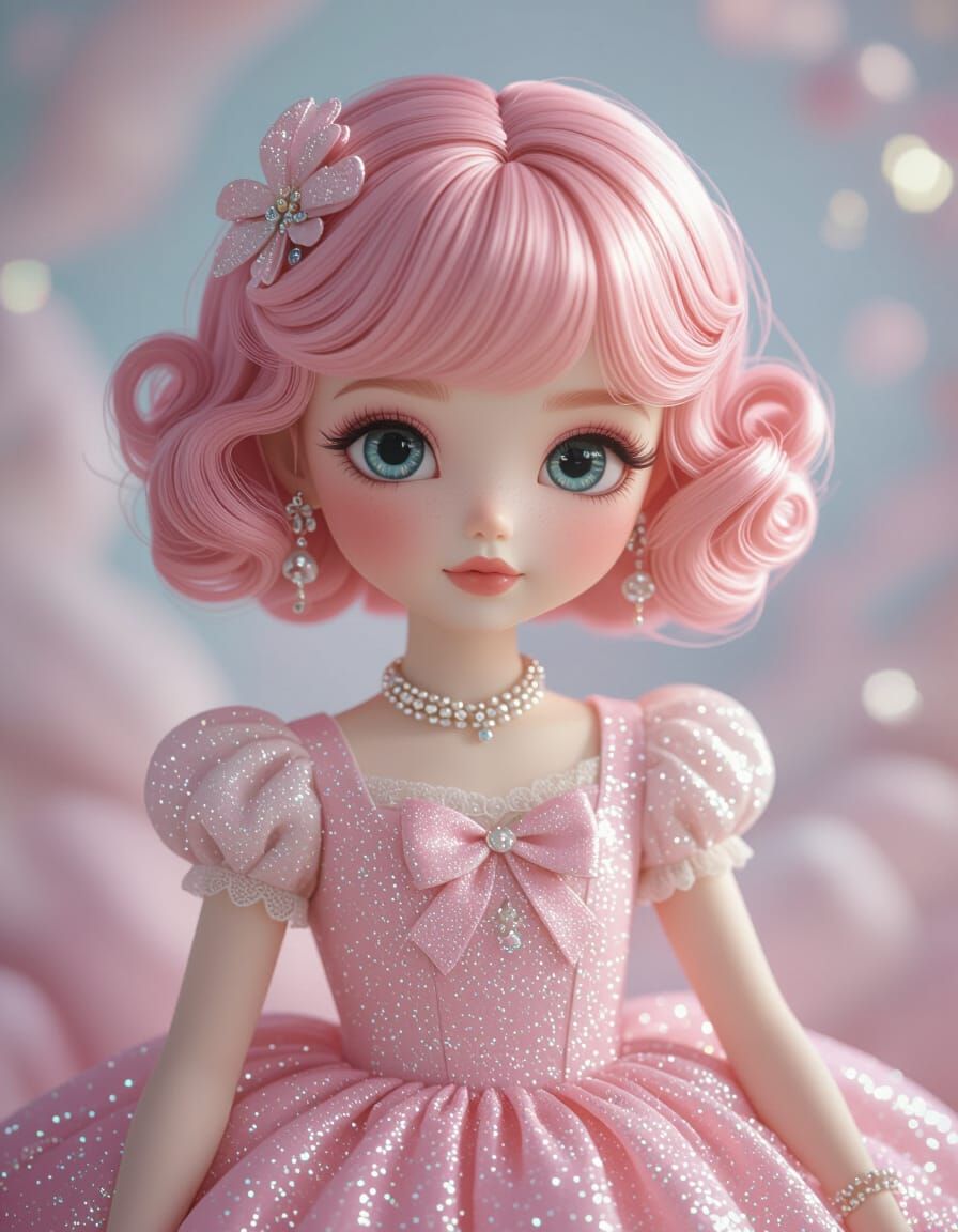 Doll-Like Girl in Sparkly Retro Dress, Fantasy Atmosphere