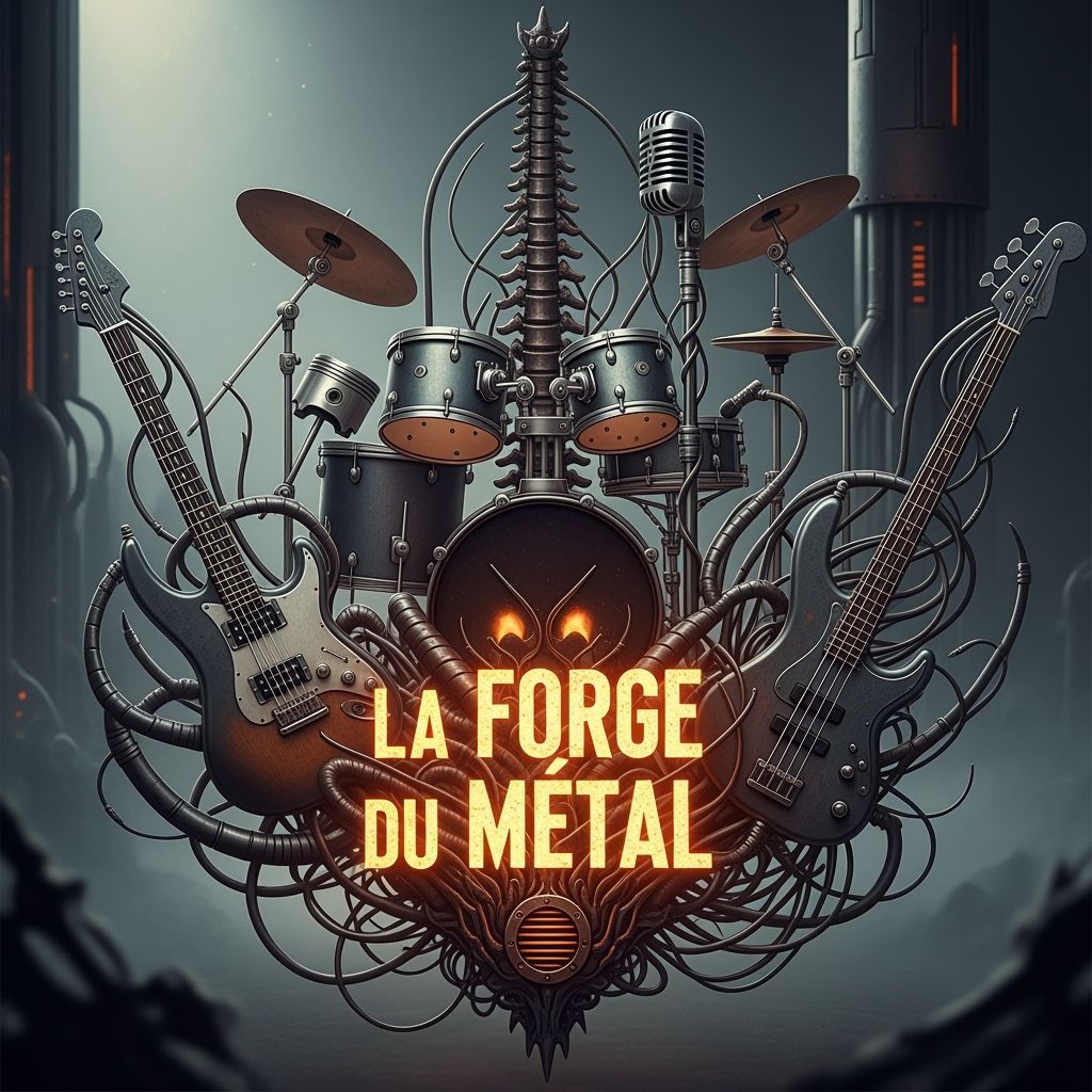 Metal Music Newsletter Logo with Instruments and Industrial ...