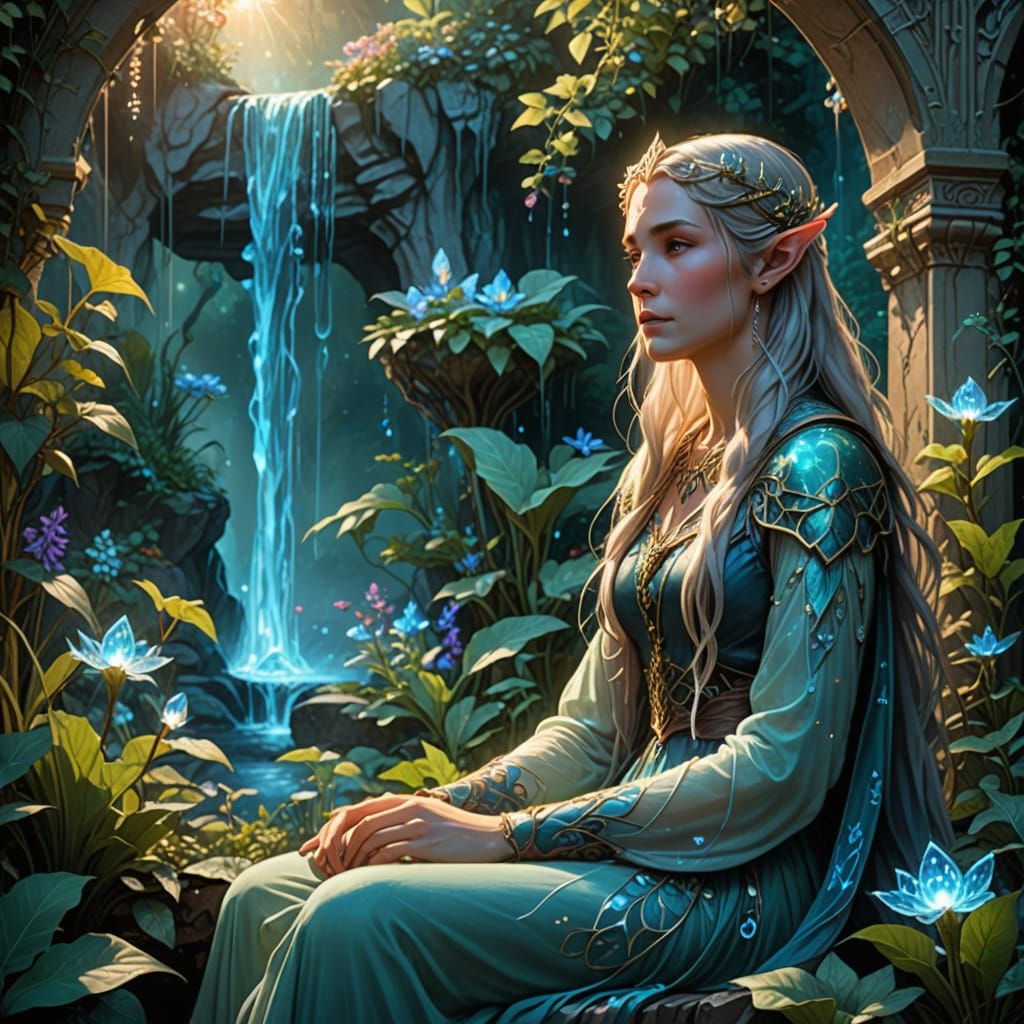 Elven Queen in Bioluminescent Garden, Fantasy Art