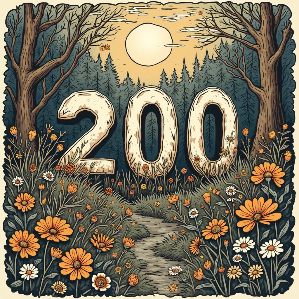 Woodcut Number 200 Amidst Whimsical Forest Creatures and Wil...