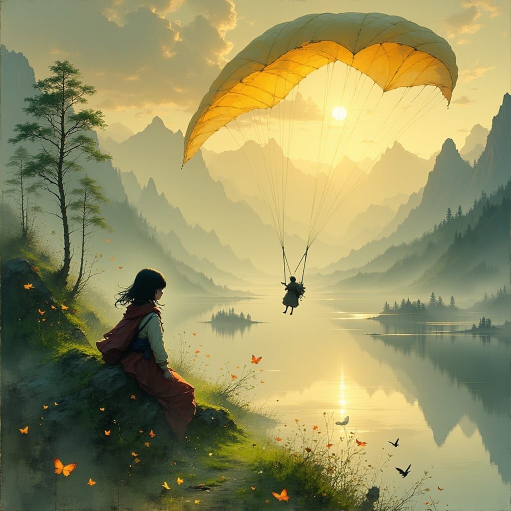 Girl Paragliding Over Swiss Lake at Golden Hour