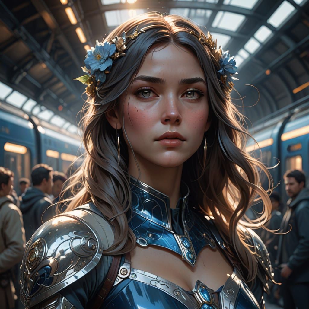 Blue Train Station Portrait in Vibrant Color