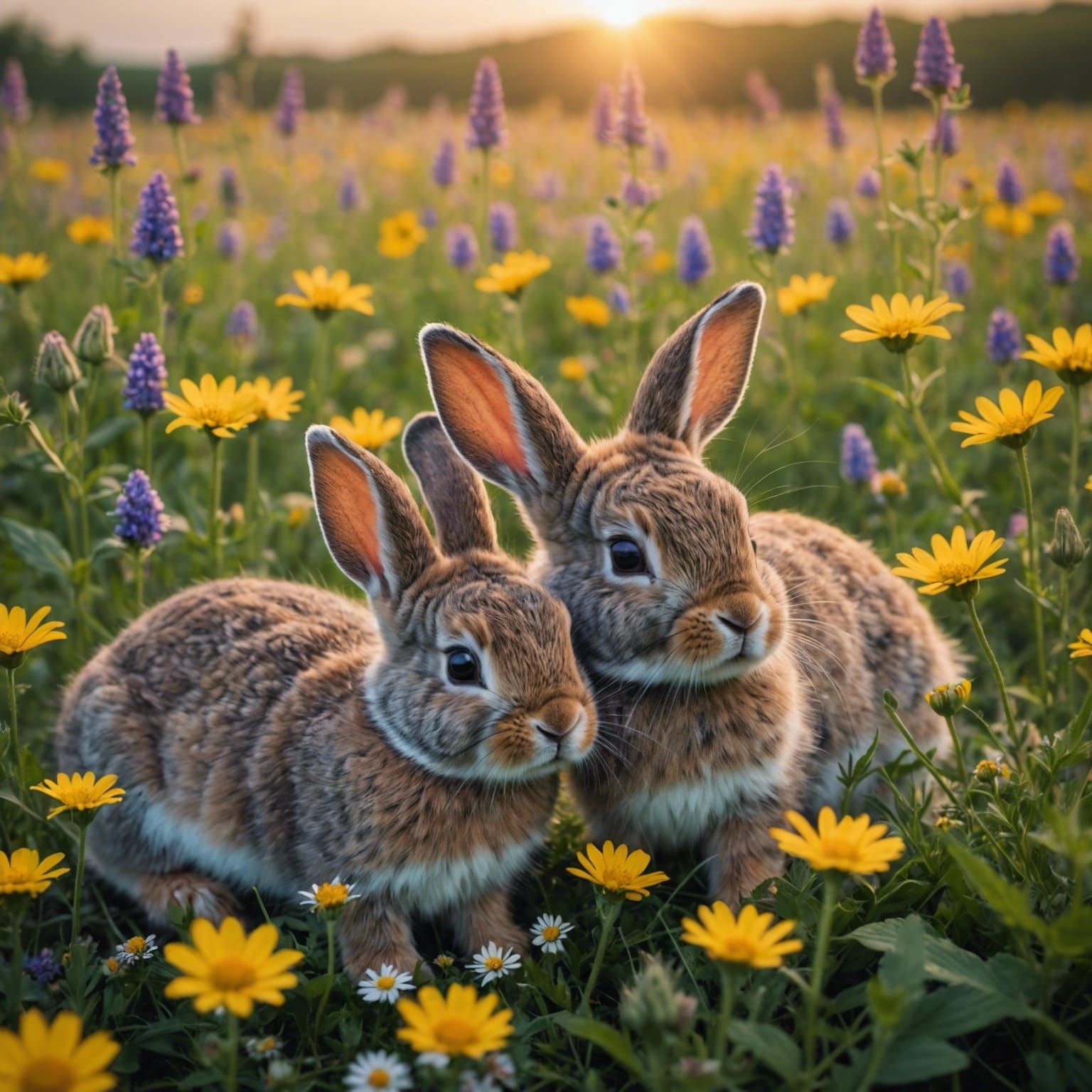 Cute Bunnies Sleeping in Wildflower Meadow at Dusk