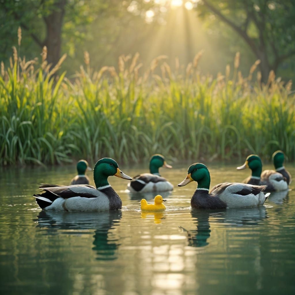 Mallard Ducks Swim with Yellow Rubber Friend in Serene Pond ...