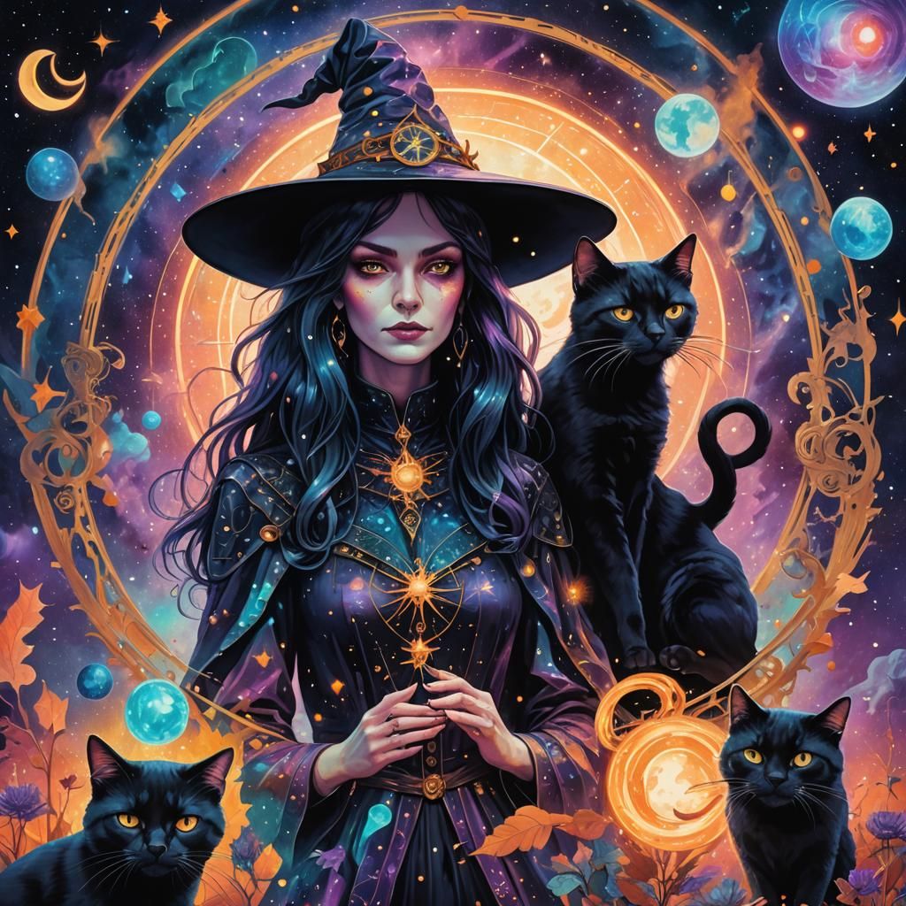 Cosmic Witch and Black Cat Illustration
