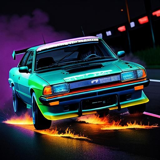 Neon Car Drifting in Flames