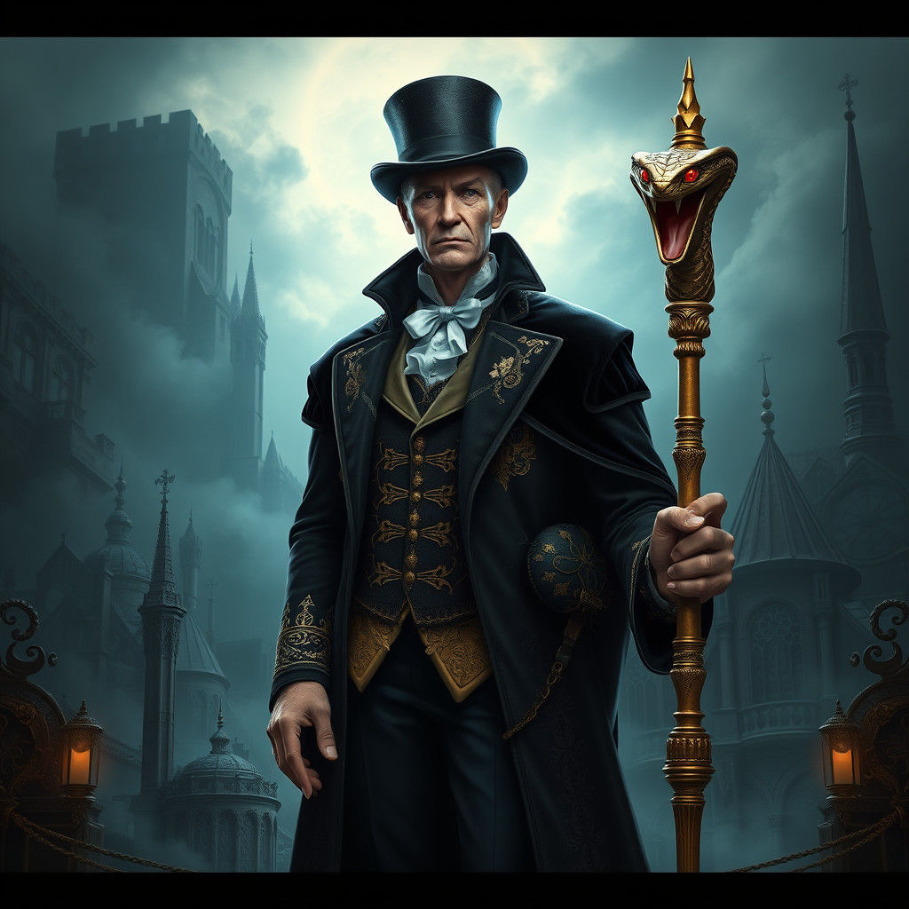 Victorian Man with Cobra Staff in Gothic Setting
