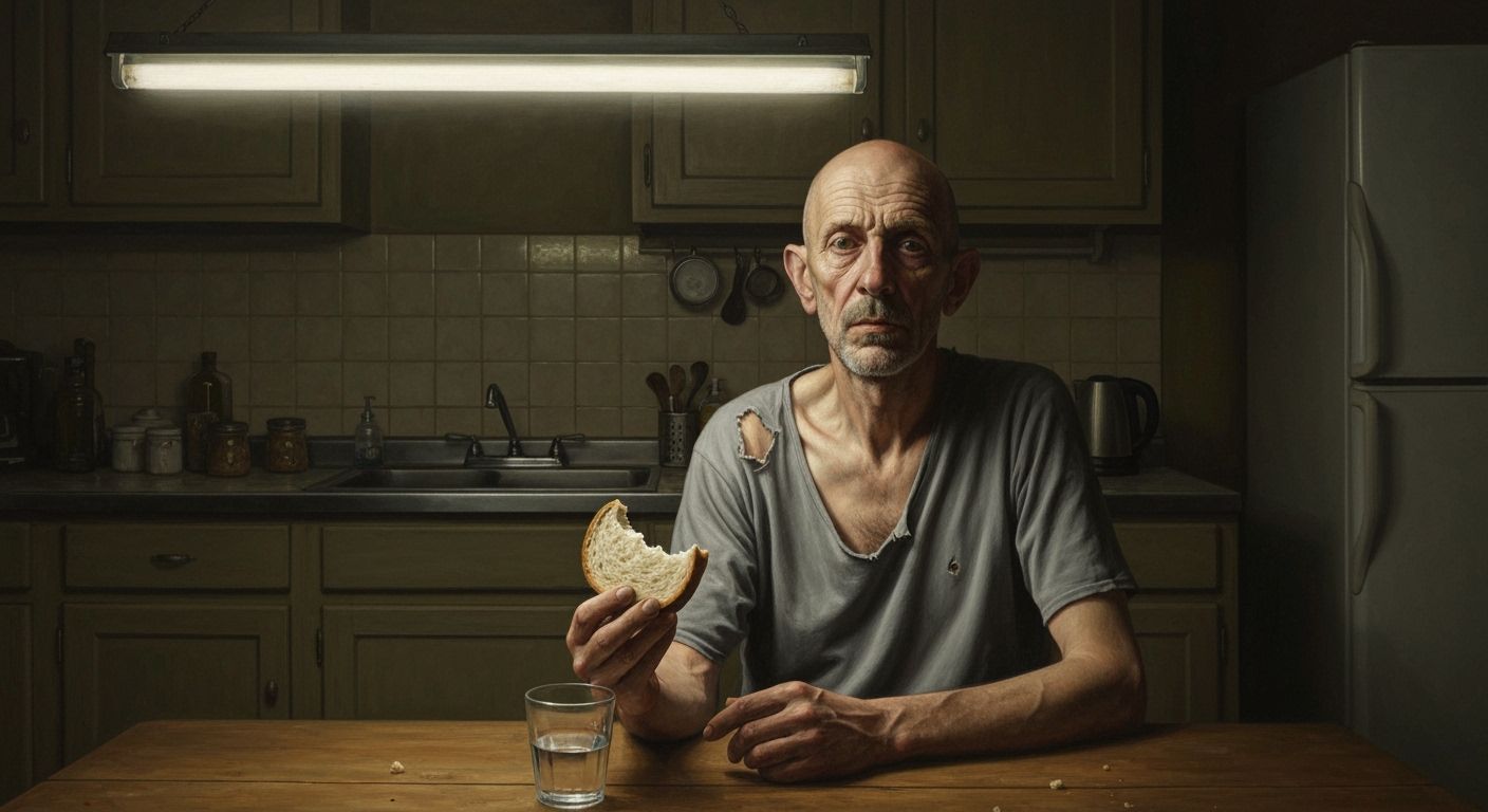 Somber Realism Portrait: Man with Bread at Kitchen Table