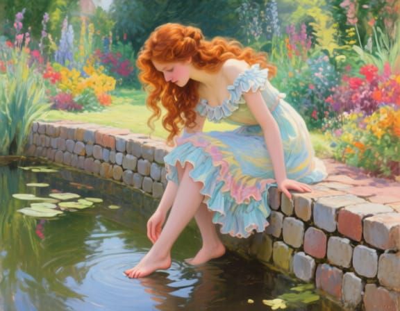 Woman in Summer Dress by Pond in Botanical Garden