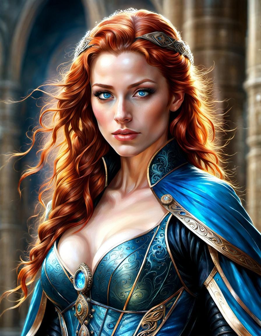Red-Haired Sorceress Portrait in Fantasy Tower
