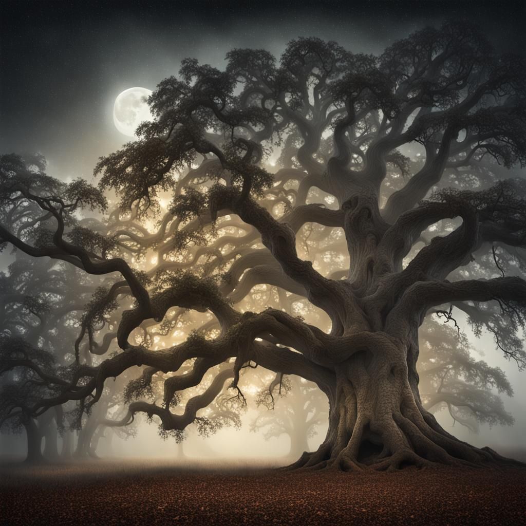 Majestic Oak Tree in Misty Moonlight: Hyperrealistic Photo