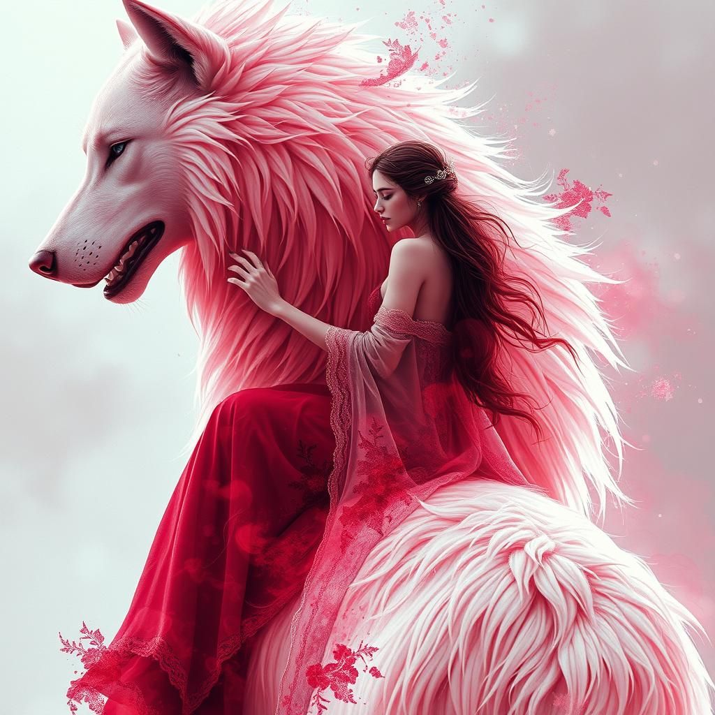 Woman on White Wolf in Digital Watercolor Style