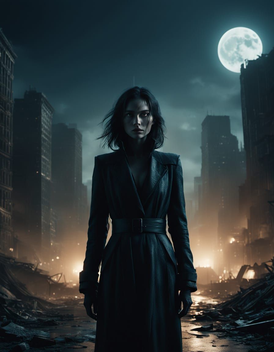 Glowing-Eyed Woman Emerges from Post-Apocalyptic City