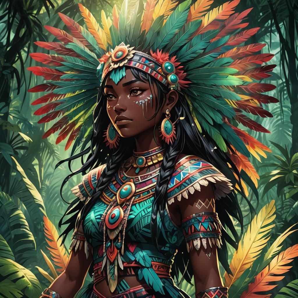 Aztec Anime Girl in Mystical Jungle, Manga Art