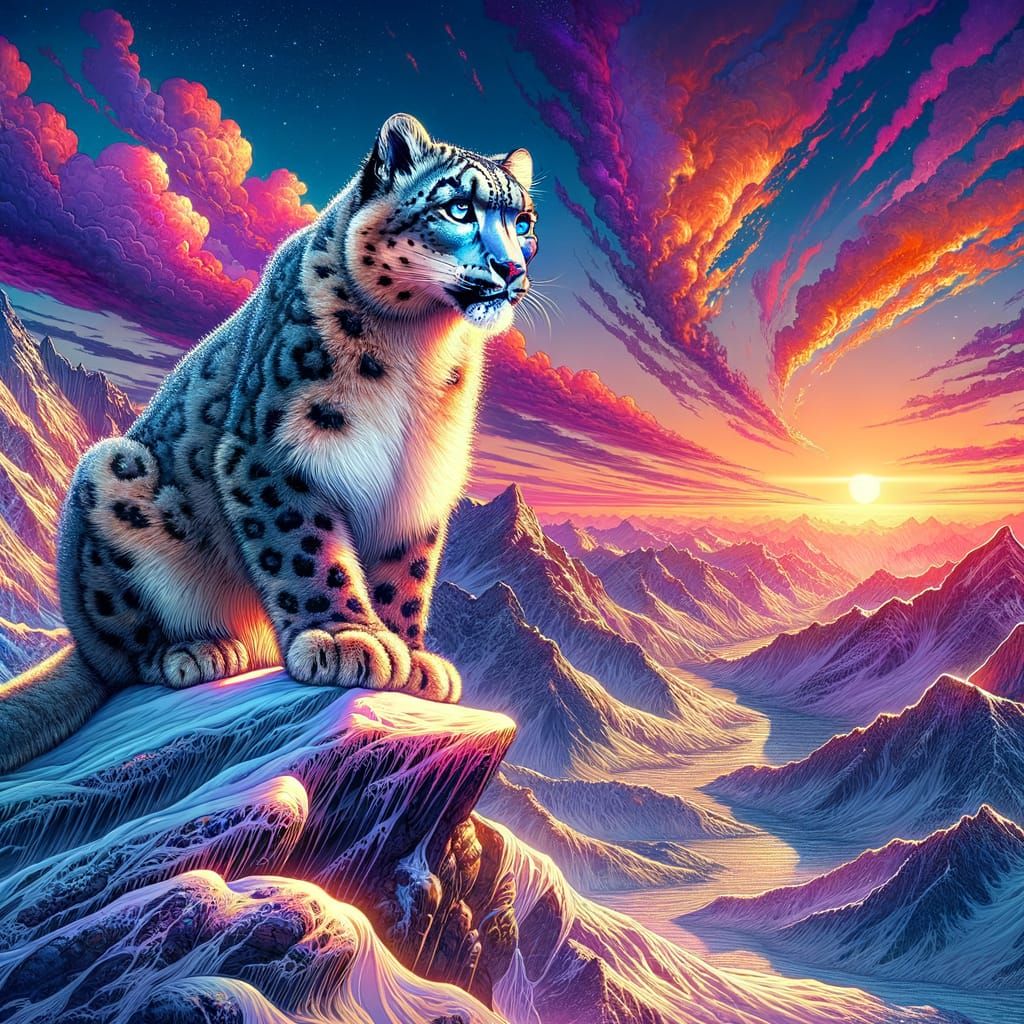 Snow Leopard at Sunset on Mountain Peak